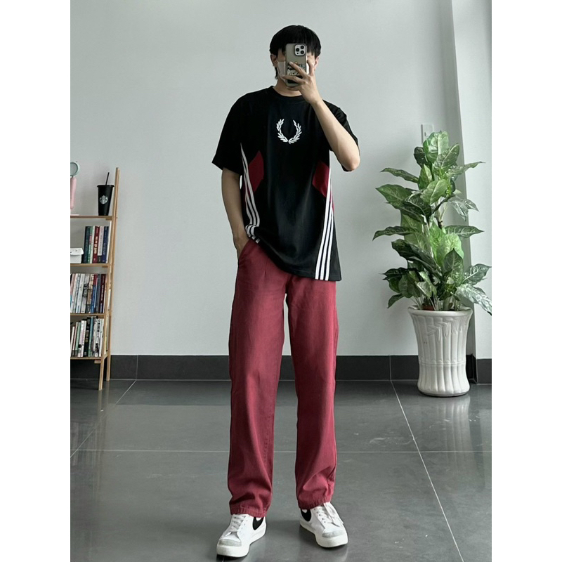 Quần bagyy jeans nâu đỏ trơn from rộng kèm ảnh thật