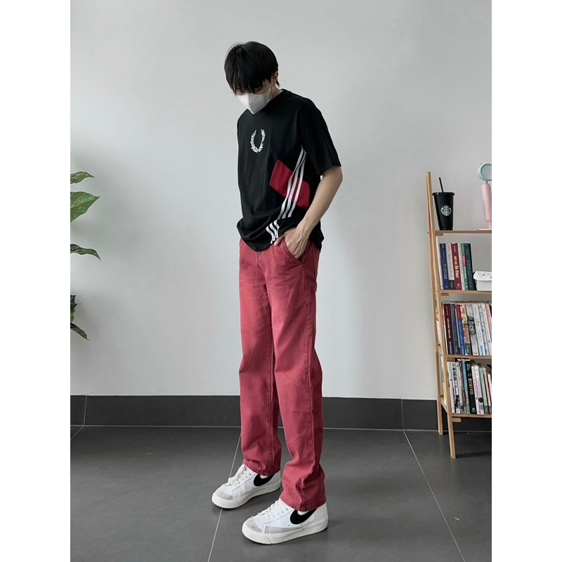 Quần bagyy jeans nâu đỏ trơn from rộng kèm ảnh thật