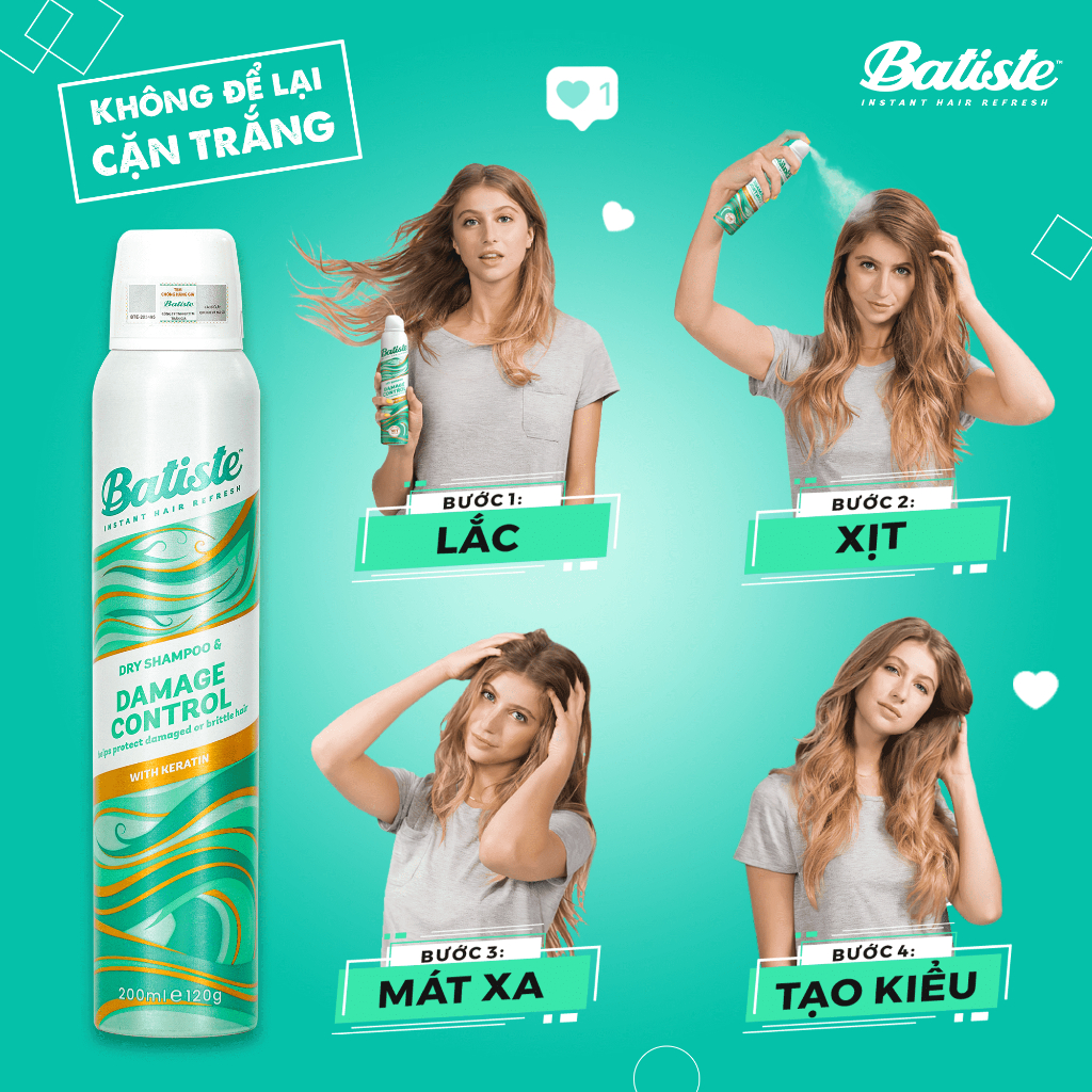 Combo 2 Chai Dầu Gội Khô Batiste 200ml Chăm Sóc Tóc Hư Tổn Và Làm Phồng Tóc Damage Control & Volume