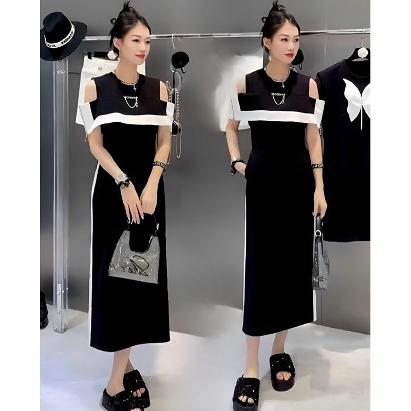 ( HÀNG QUẢNG CHÂU CAO CẤP) ĐẦM TIỆC ĐEN PHỐI TRẮNG KHOÉT VAI CƯC KÌ NỔI BẬT