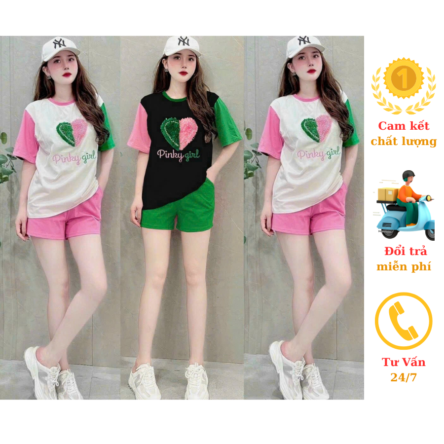 Bộ short thun nữ cotton áo thêu Logo trái tim Quảng cao cấp châu trẻ trung cá tính