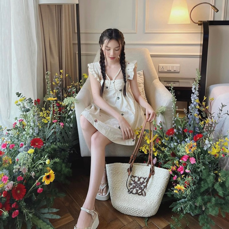 Váy babydoll linen hoa cánh tiên phối cổ bính 2 lớp nàng thơ LAMEI DRESS