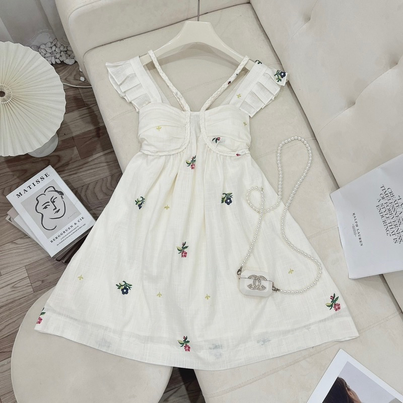 Váy babydoll linen hoa cánh tiên phối cổ bính 2 lớp nàng thơ LAMEI DRESS