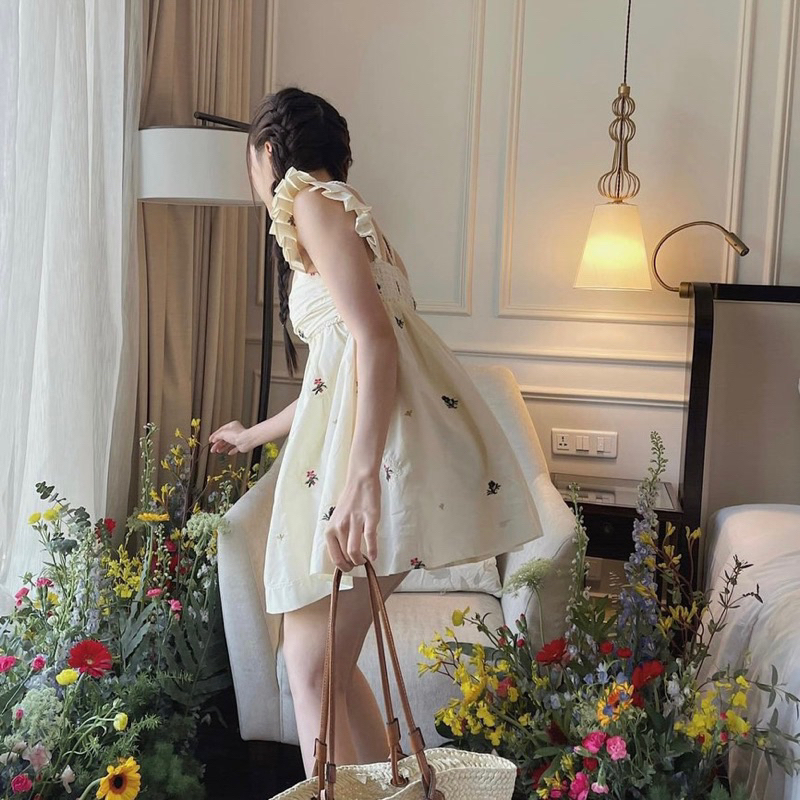 Váy babydoll linen hoa cánh tiên phối cổ bính 2 lớp nàng thơ LAMEI DRESS