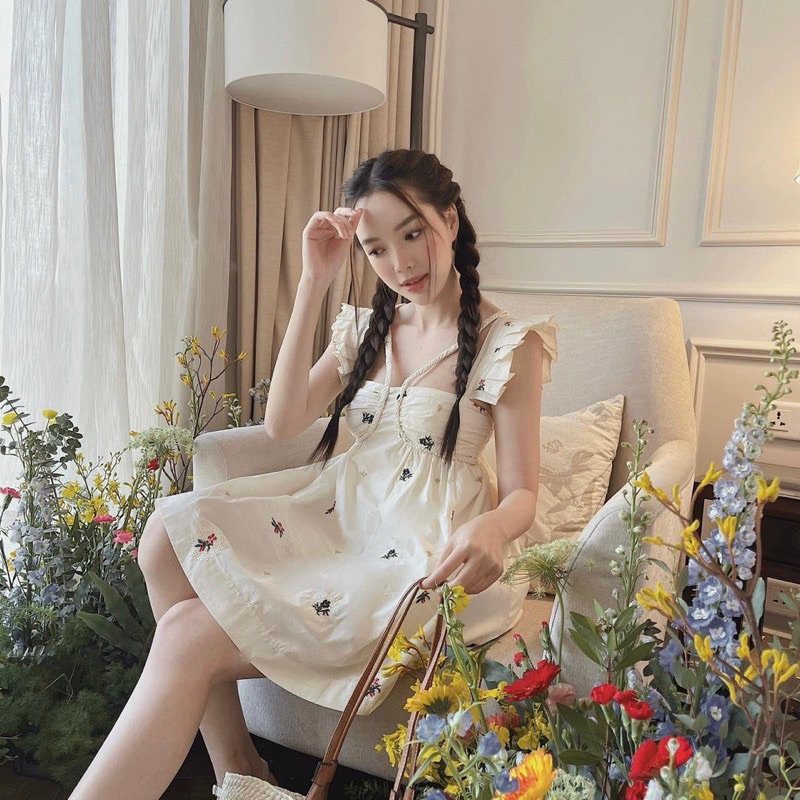 Váy babydoll linen hoa cánh tiên phối cổ bính 2 lớp nàng thơ LAMEI DRESS