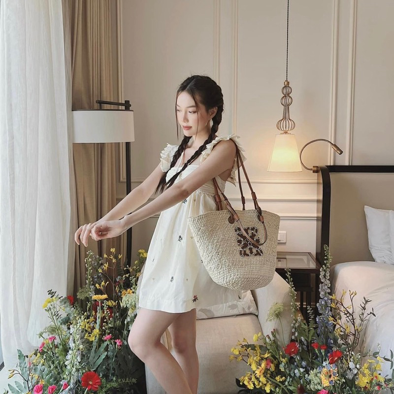 Váy babydoll linen hoa cánh tiên phối cổ bính 2 lớp nàng thơ LAMEI DRESS