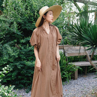 Váy suông form rộng freesize tặng kèm đai chun, váy dài midi tay bồng nhiều màu - Lucas dress - Caffeine Studio
