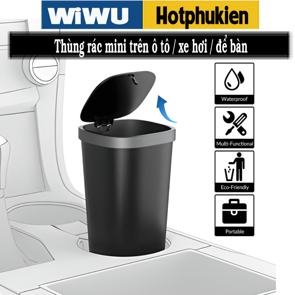 Thùng đựng rác mini dùng trên xe ô tô / để bàn làm việc hiệu WiWU Trash Can Mini dung tích trên 500ml, nắp đậy lò xo