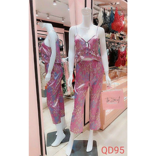 Set bộ lụa quần dài áo dây tím hoa qd95