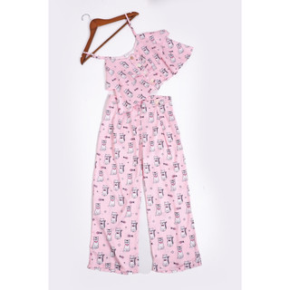 Set bộ pyjama lụa quần dài áo dây mèo hồng qd93
