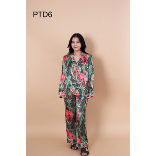 Set bộ pyjama lụa tay dài xanh hồng hạc ptd6