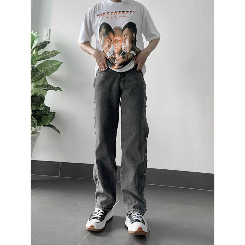 quần bagyy jeans phối nút 2 bên quần from rộng kèm ảnh thật có 2 nàu xanh/ đen xám