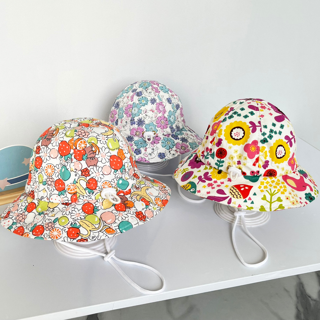 Nón rộng vành HOA sắc màu bé gái 2-6 tuổi, vải Cotton mềm mỏng thoáng khí, mũ tai bèo chống nắng thời trang phong cách
