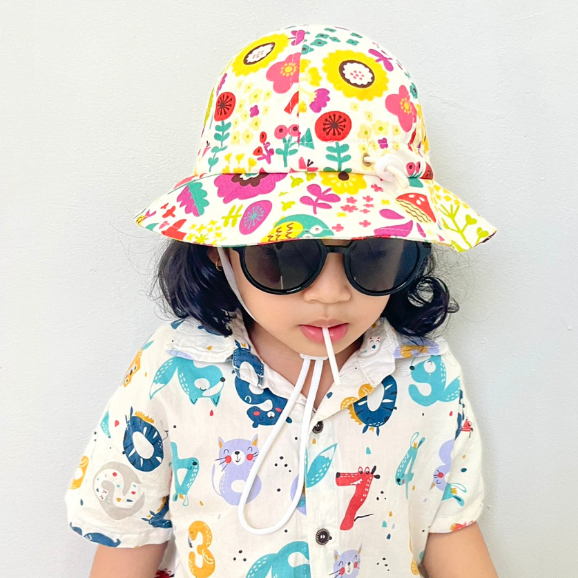 Nón rộng vành HOA sắc màu bé gái 2-6 tuổi, vải Cotton mềm mỏng thoáng khí, mũ tai bèo chống nắng thời trang phong cách