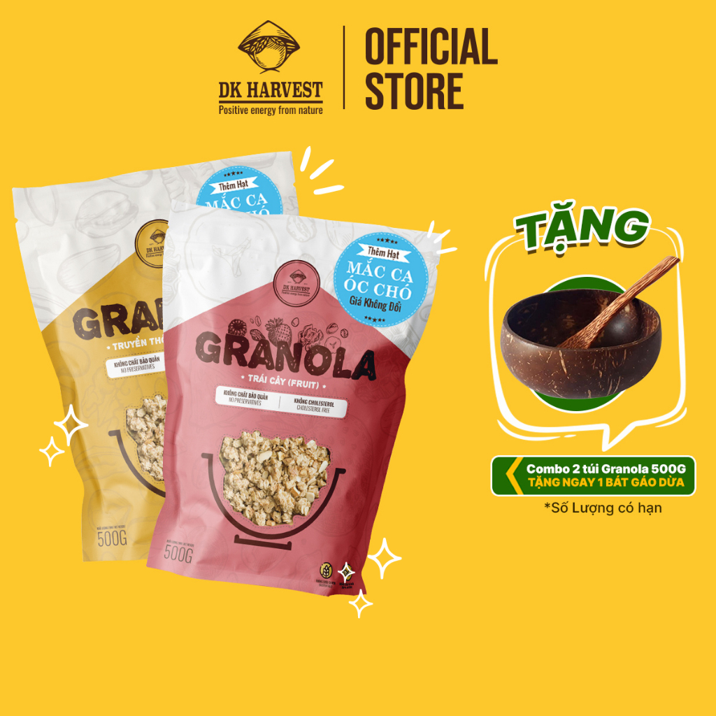 Combo 1kg Granola Siêu hạt DK Harvest - tặng kèm 1 bộ bát gáo dừa - 7 loại hạt dinh dưỡng nhập khẩu