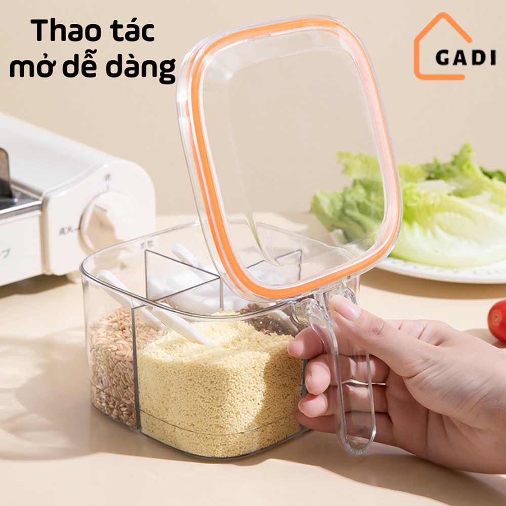 Hộp đựng gia vị GADI 4 ngăn trong suốt kín khí , chống ẩm ướt, Hũ gia vị chia ngăn có nắp đậy kèm thìa tiện lợi