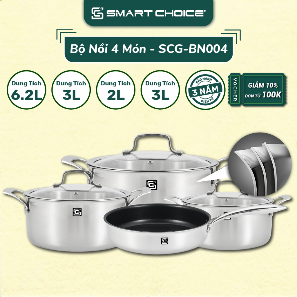 Bộ Nồi Inox Cao Cấp SMARTCHOICE, Nguyên Khối 3 Lớp Sử Dụng Cho Bếp Từ, Bảo Hành 3 Năm