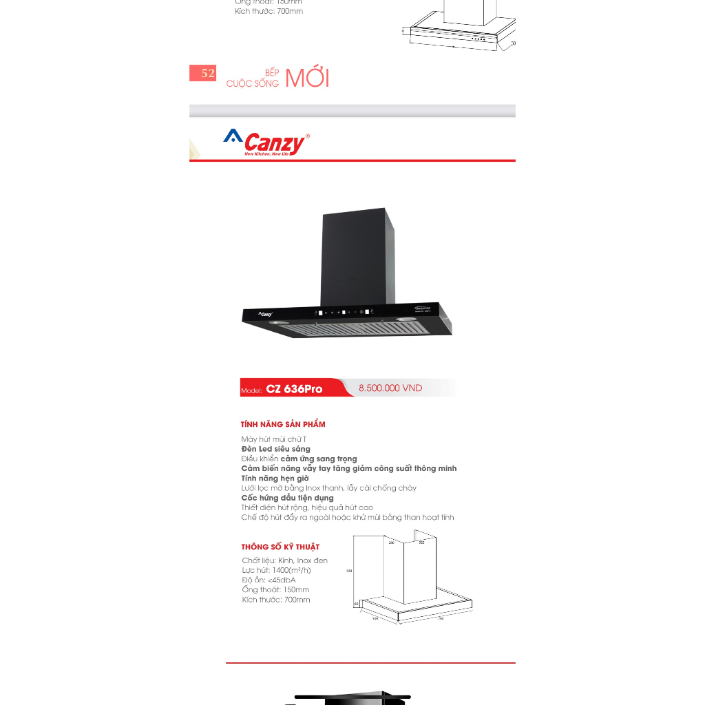 Máy hút mùi Canzy CZ 636pro Hút mùi nhà bếp cảm ứng vẫy tay cao cấp, máy hút khói chính hãng bảo hành 3 năm