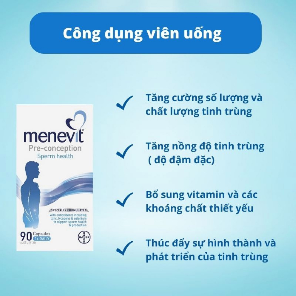 Tăng cường sinh lý nam giới Bayer Menevit 90 viên giúp cải thiện chất lượng tinh trùng, tăng khả năng thụ thai
