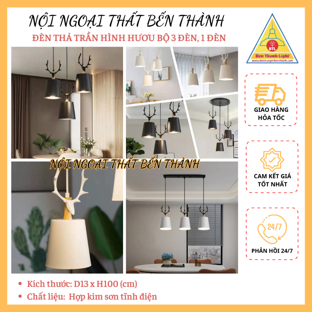 Đèn thả - đèn thả trần hình hươu bộ 3 đèn, 1 đèn tặng kèm bóng 4W trang trí nhà ở, quán ăn, quán cà phê,...mã ĐT12