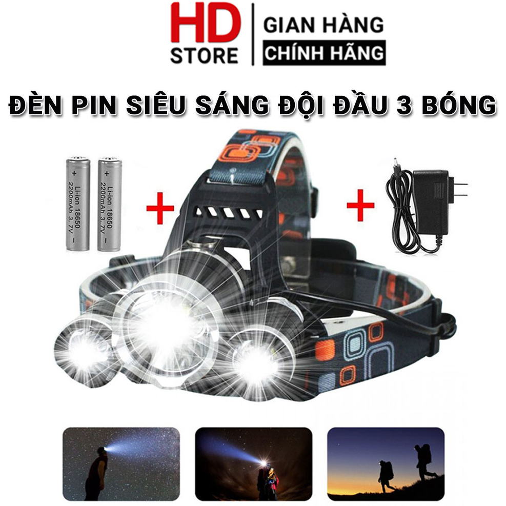 Đèn pin đội đầu 3 bóng led siêu sáng KAW loại pin sạc mẫu mới 2022, 4 chế độ chiếu sáng đi mưa chống nước