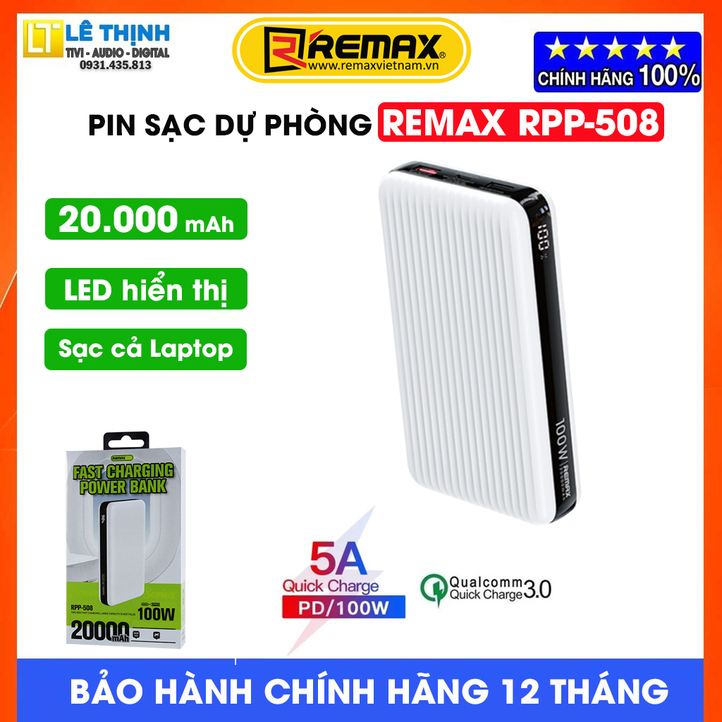 Pin sạc dự phòng Remax RPP-508, 20000mAh , sạc nhanh TypeC Output 100W / Input 65W và QC3.0 18W - Sạc cho Laptop