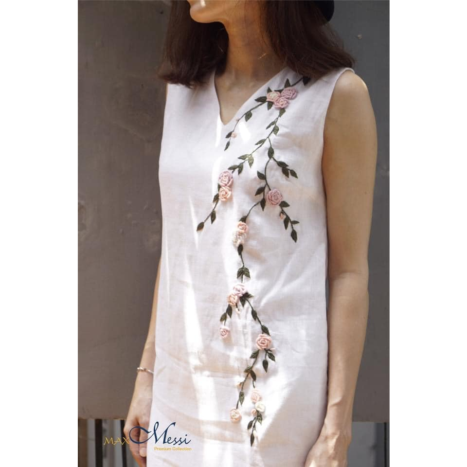 MaxMessi - Đầm sát nách nữ Linen Tưng Premium PARADISE form suông 2 túi bên thêu hoa thủ công