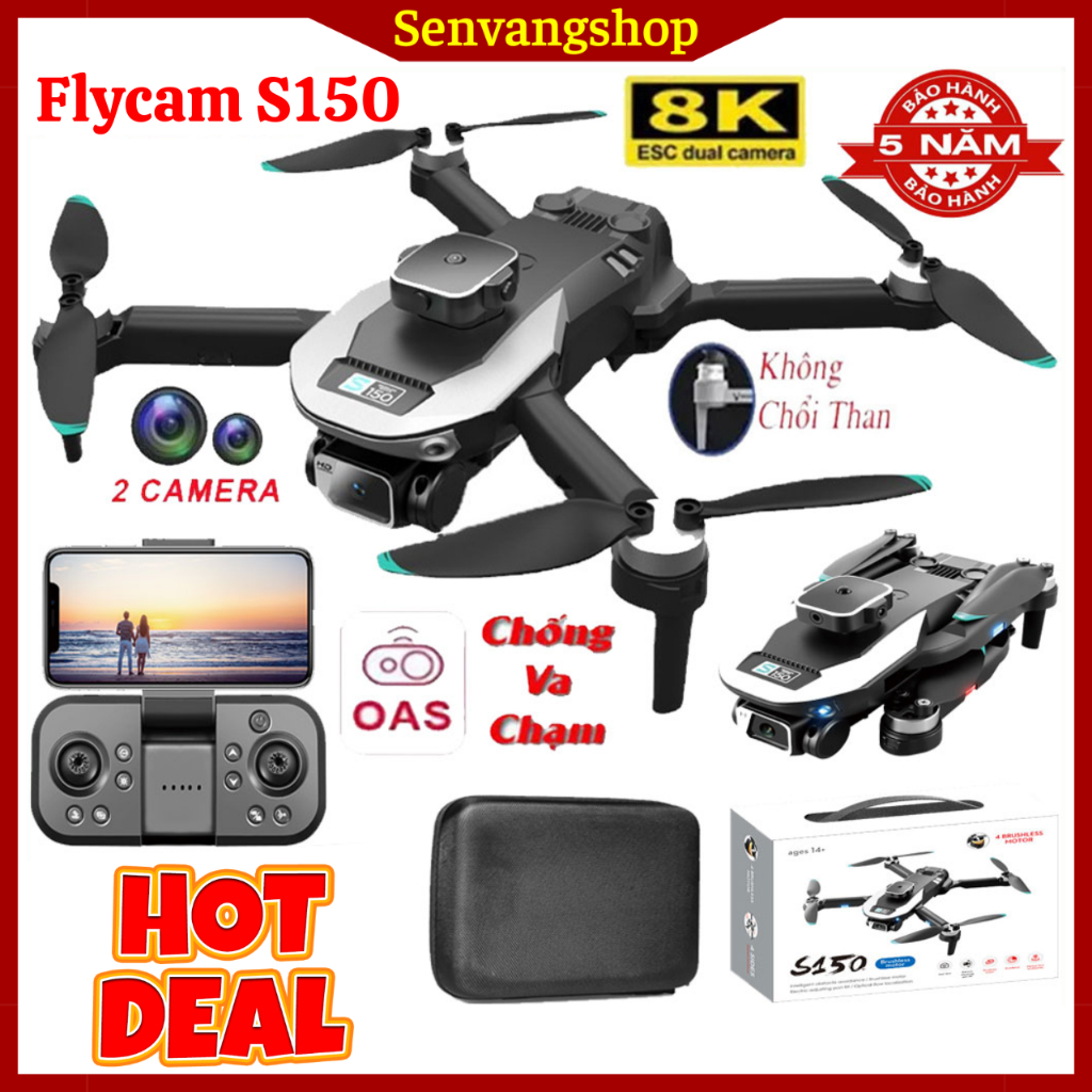 Flycam Không Chổi Than giá rẻ S150 Pro Max Cảm biến quang học cân bằng tránh vật cản 4 chiều Camera 4K Pin trâu bền bỉ