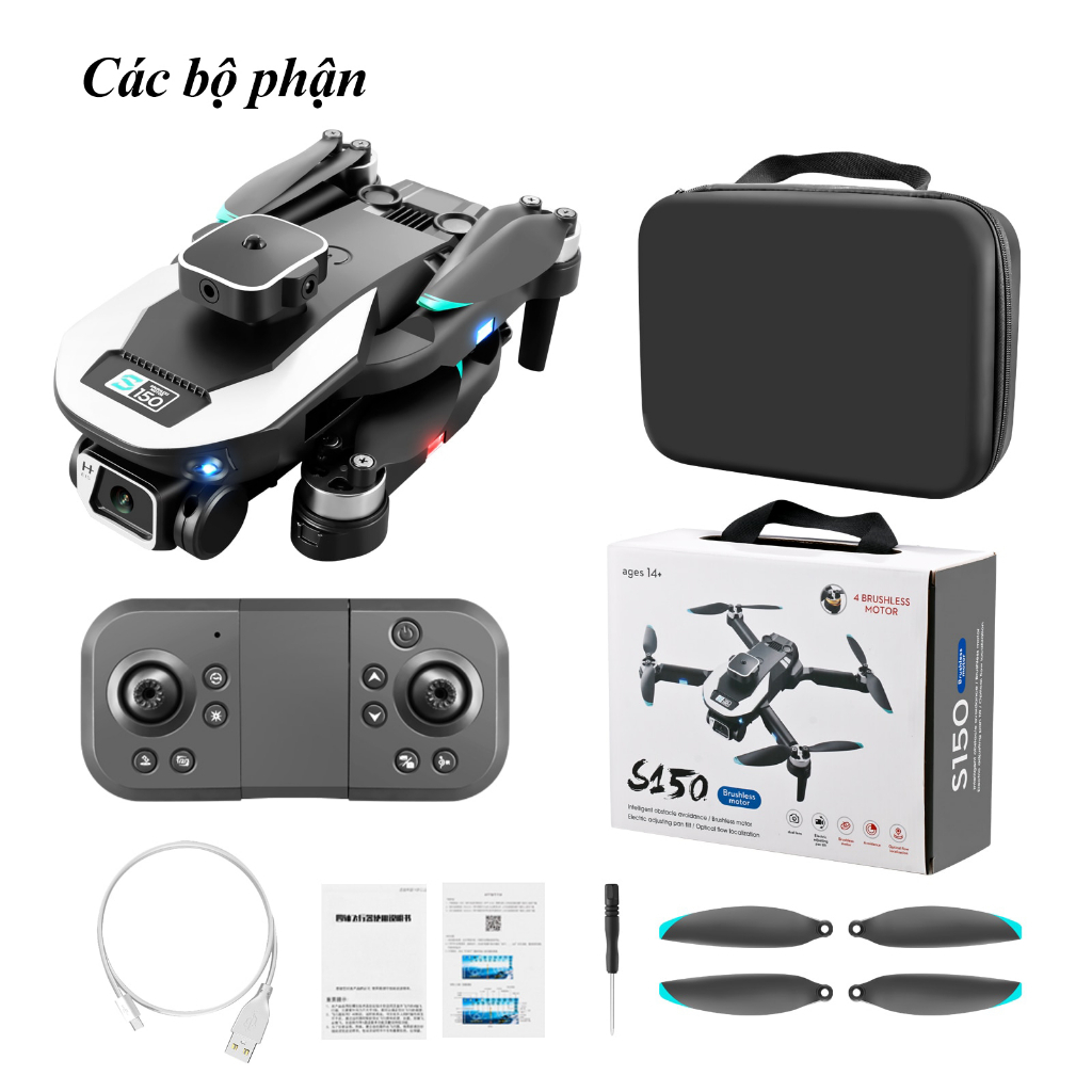 Flycam Không Chổi Than giá rẻ S150 Pro Max Cảm biến quang học cân bằng tránh vật cản 4 chiều Camera 4K Pin trâu bền bỉ