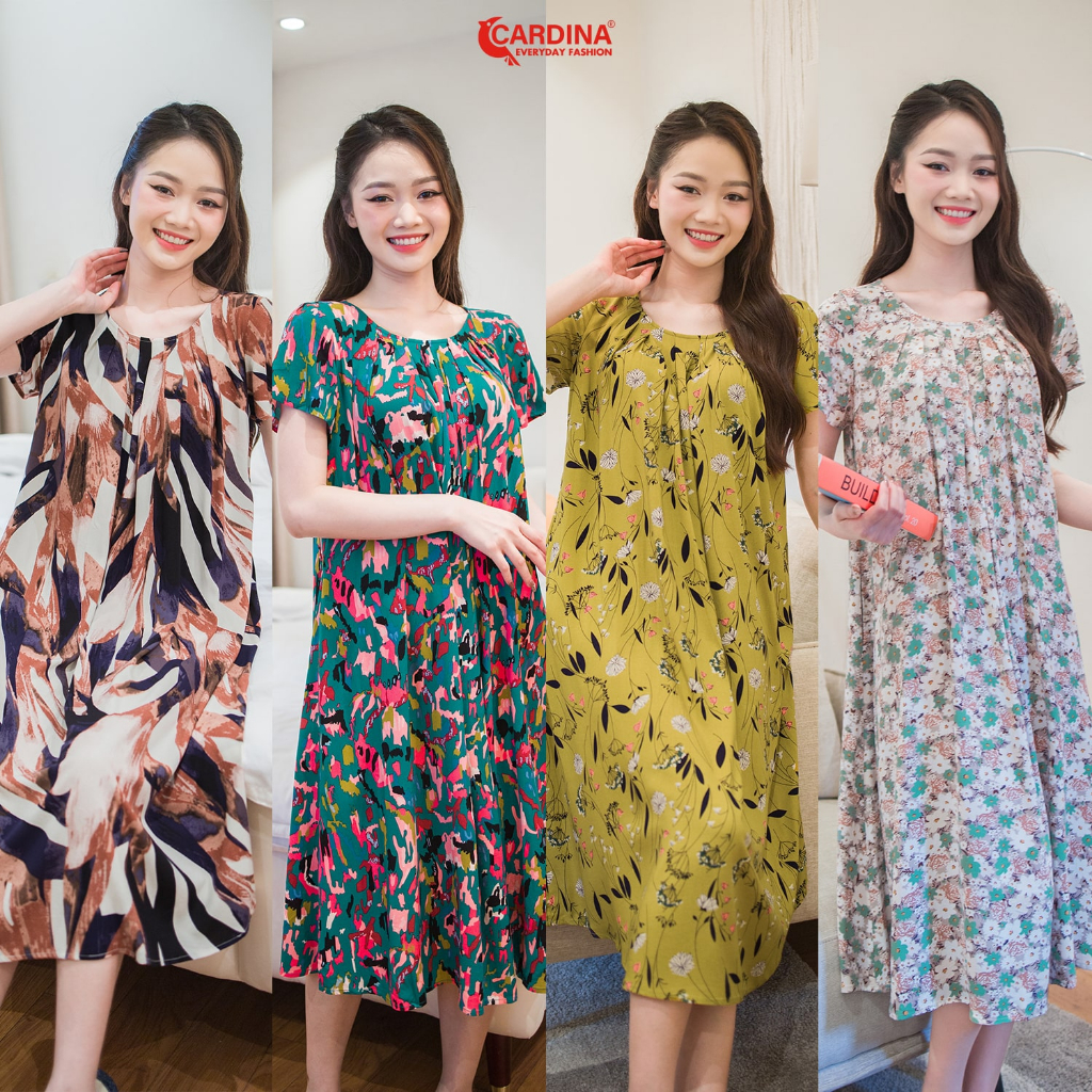 Đầm Nữ 𝐂𝐀𝐑𝐃𝐈𝐍𝐀 Chất Lanh Tre Cao Cấp Áo Cộc Tay Dáng Suông Xếp Ly Thân Trước Trẻ Trung 3VL06