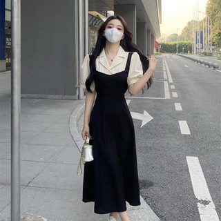 Đầm đen liền sơ mi cổ kem dáng midi xinh xắn phong cách ulzang