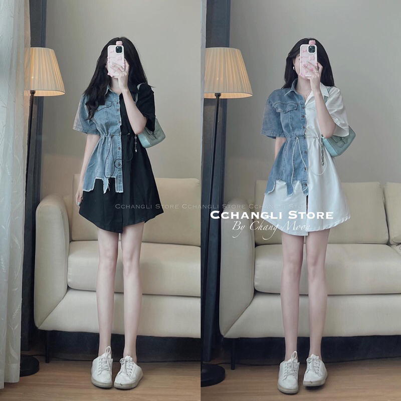 Váy Sơ Mi Phối Bò Rách Rút Eo