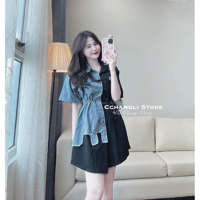 Váy Sơ Mi Phối Bò Rách Rút Eo