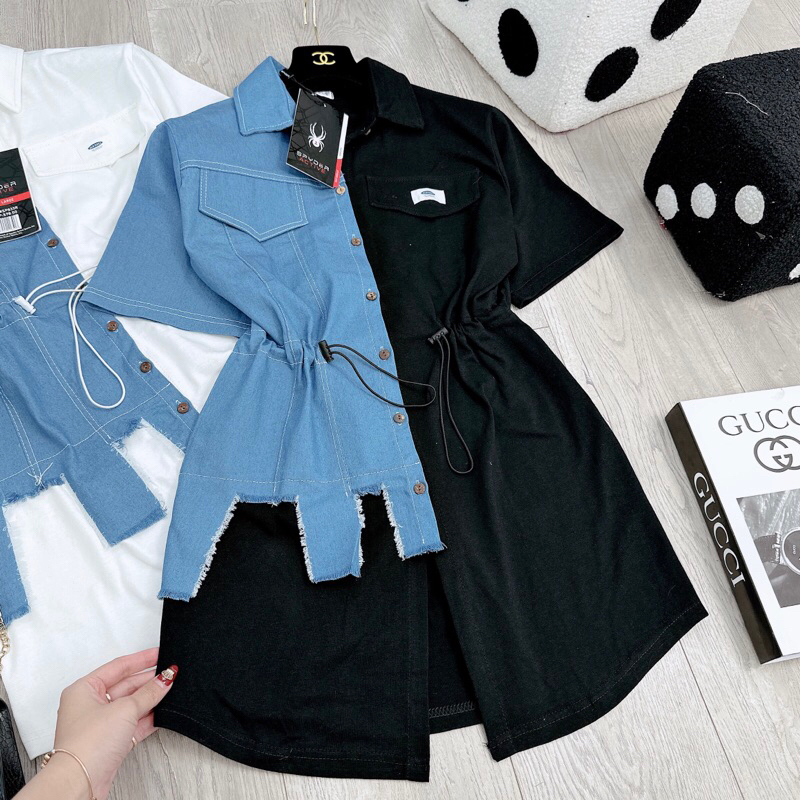 Váy Sơ Mi Phối Bò Rách Rút Eo