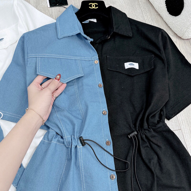 Váy Sơ Mi Phối Bò Rách Rút Eo