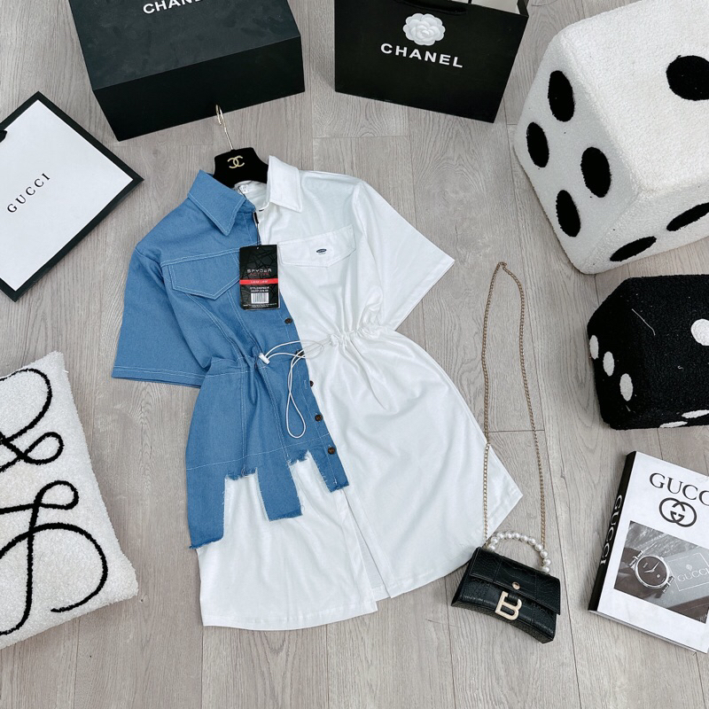 Váy Sơ Mi Phối Bò Rách Rút Eo