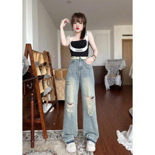 Quần suông nhạt rách lật lưng lai đậm
