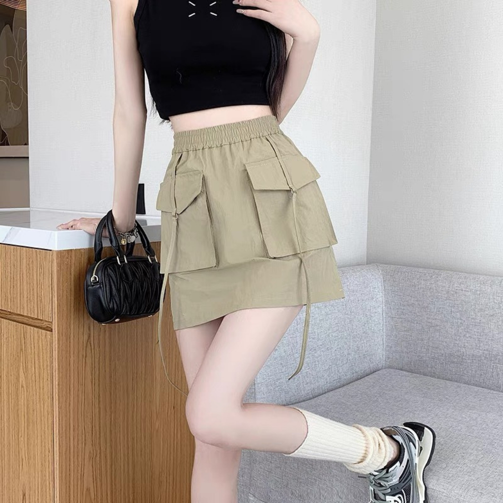 Chân váy túi hộp, chân váy chữ A chất đũi gió, chân váy cạp cao basic, kèm quần trong, chất dày dặn phong cách hàn quốc