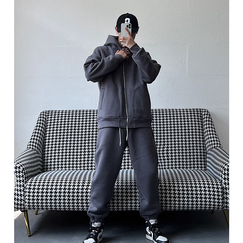 Bộ Hoodie Đi Mũ 2 Lớp Phối Khóa Kéo Trơn Ghi Đậm Đơn Gian Lịch Sự, Chất Liệu Nỉ Ngoại Mềm Mịn Siêu Ấm Trend 2023