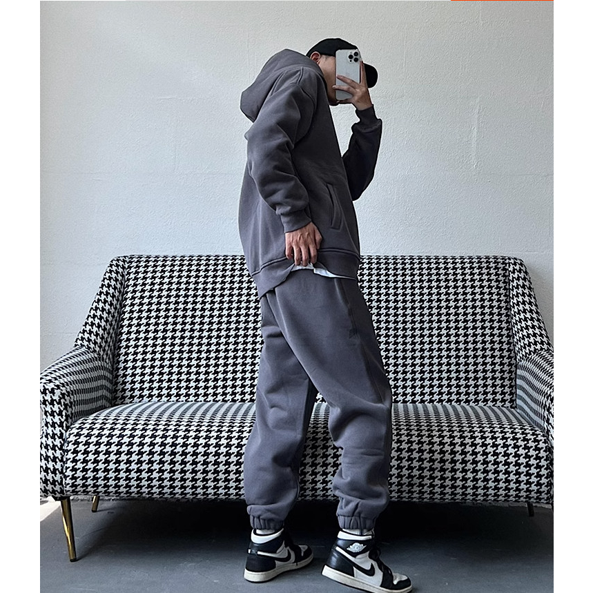 Bộ Hoodie Đi Mũ 2 Lớp Phối Khóa Kéo Trơn Ghi Đậm Đơn Gian Lịch Sự, Chất Liệu Nỉ Ngoại Mềm Mịn Siêu Ấm Trend 2023