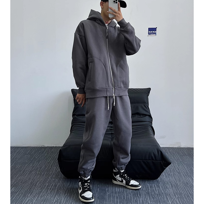 Bộ Hoodie Đi Mũ 2 Lớp Phối Khóa Kéo Trơn Ghi Đậm Đơn Gian Lịch Sự, Chất Liệu Nỉ Ngoại Mềm Mịn Siêu Ấm Trend 2023