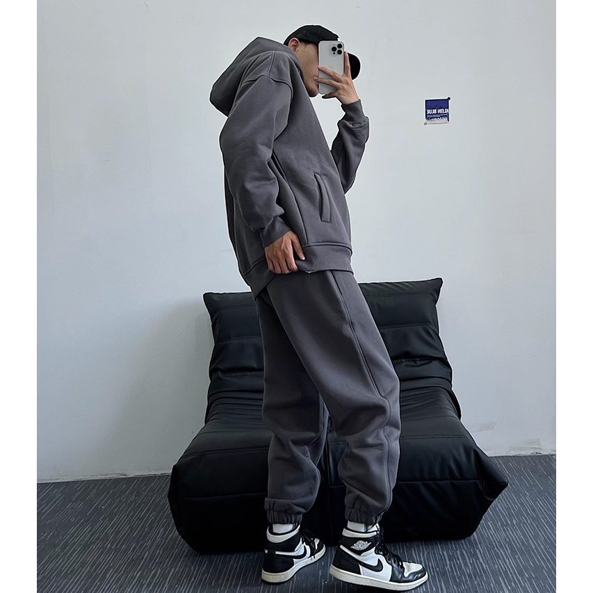 Bộ Hoodie Đi Mũ 2 Lớp Phối Khóa Kéo Trơn Ghi Đậm Đơn Gian Lịch Sự, Chất Liệu Nỉ Ngoại Mềm Mịn Siêu Ấm Trend 2023