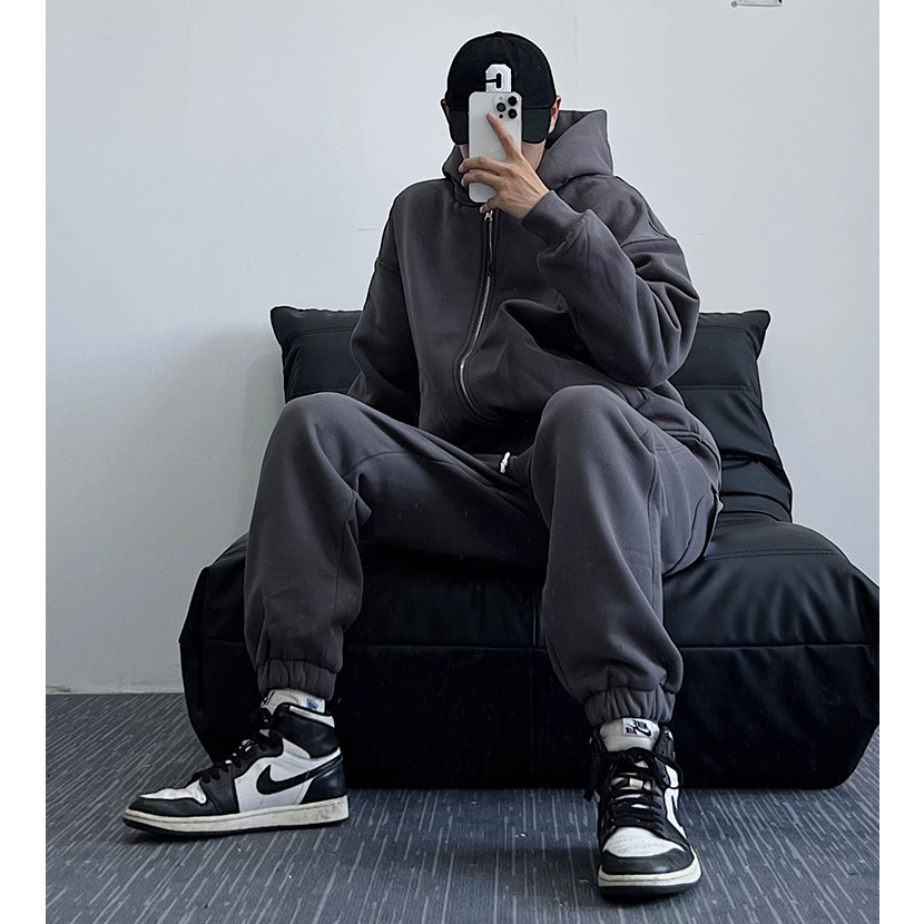 Bộ Hoodie Đi Mũ 2 Lớp Phối Khóa Kéo Trơn Ghi Đậm Đơn Gian Lịch Sự, Chất Liệu Nỉ Ngoại Mềm Mịn Siêu Ấm Trend 2023