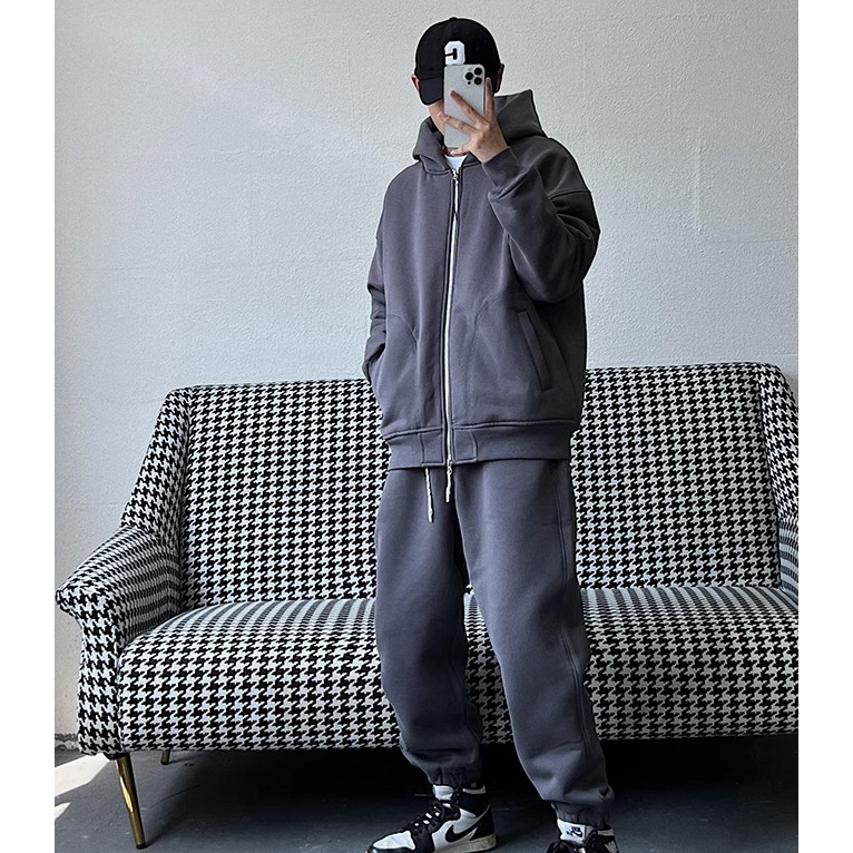 Bộ Hoodie Đi Mũ 2 Lớp Phối Khóa Kéo Trơn Ghi Đậm Đơn Gian Lịch Sự, Chất Liệu Nỉ Ngoại Mềm Mịn Siêu Ấm Trend 2023