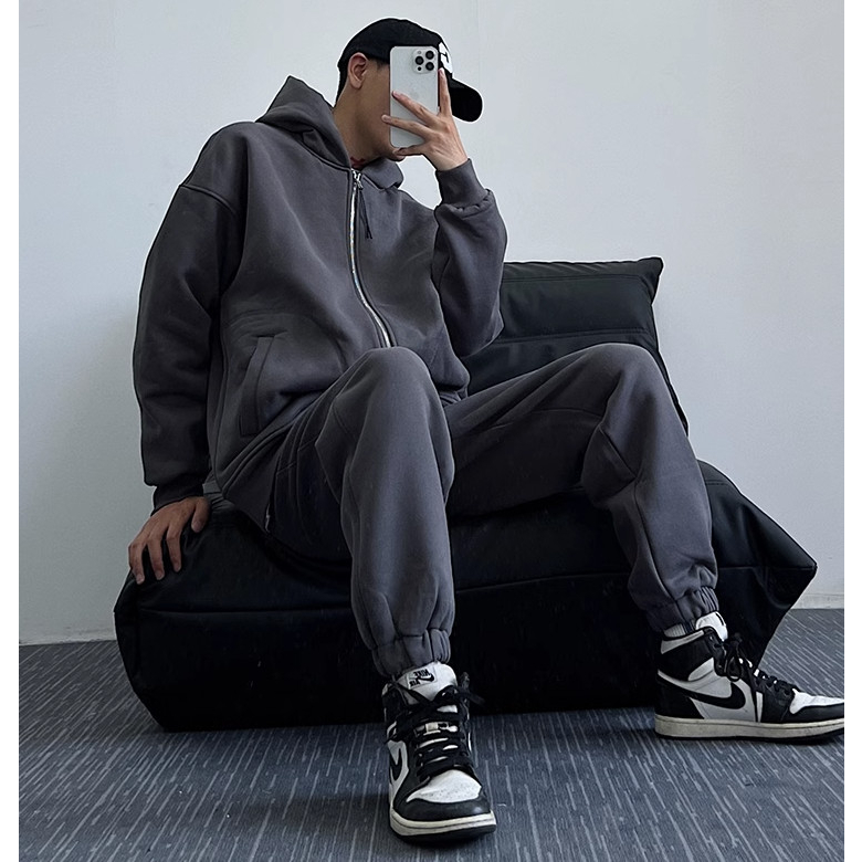 Bộ Hoodie Đi Mũ 2 Lớp Phối Khóa Kéo Trơn Ghi Đậm Đơn Gian Lịch Sự, Chất Liệu Nỉ Ngoại Mềm Mịn Siêu Ấm Trend 2023