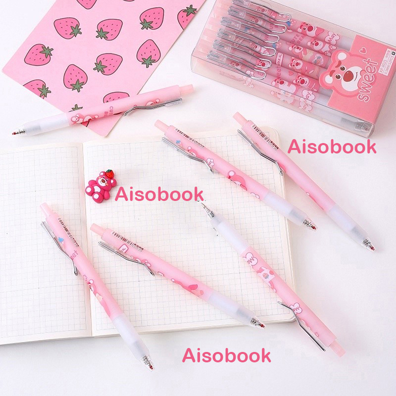 Bút Gấu Dâu Lotso Mực Gel Ngòi 0.5mm Màu Đen Nét Trơn Dễ Viết Aisobook - BUTGAU