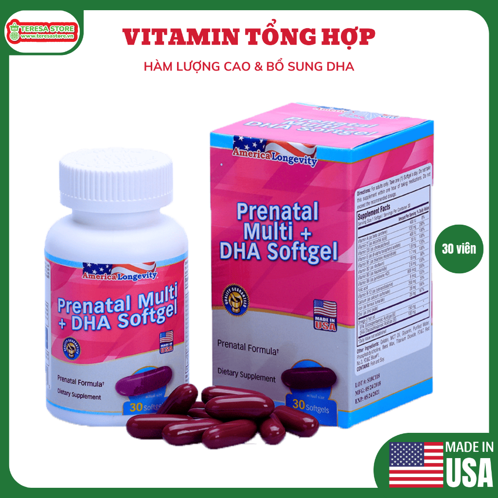 Viên uống Vitamin tổng hợp cho bà bầu và sau sinh AmericaLongevity Mỹ hộp 30 viên bổ sung DHA