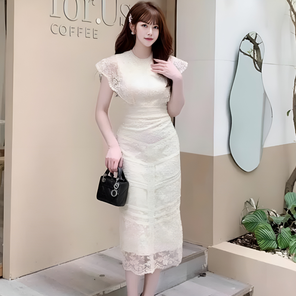 Đầm ren thiết kế ôm body tay tiên cổ tròn dài qua gối sang trọng, thanh lịch