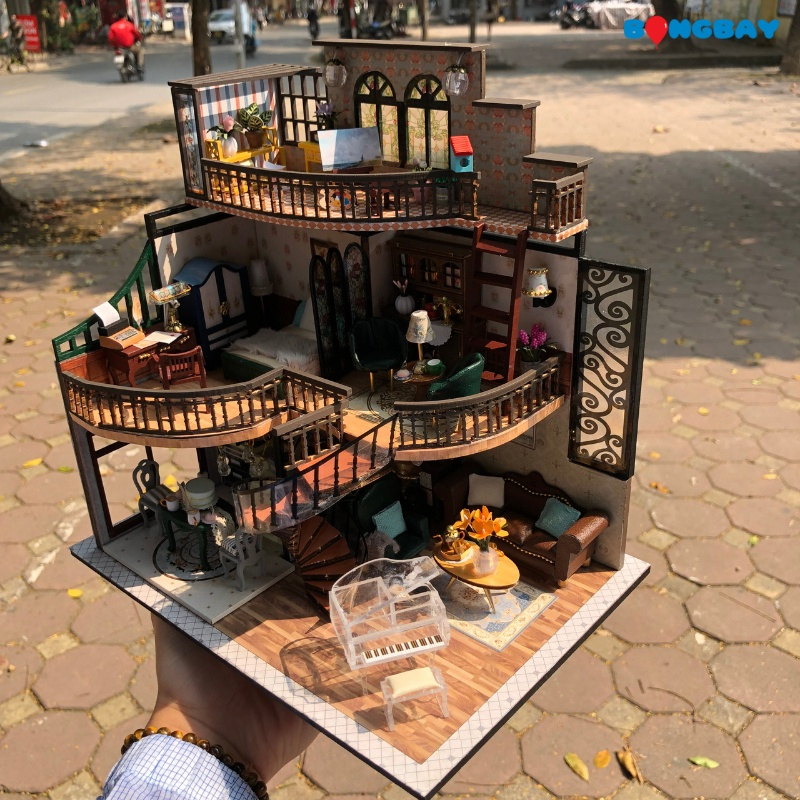 Mô Hình Lắp Ráp Nhà Gỗ Búp Bê Ti Hon DIY - Căn Biệt Thự 3 Tầng Cao Cấp  M2132