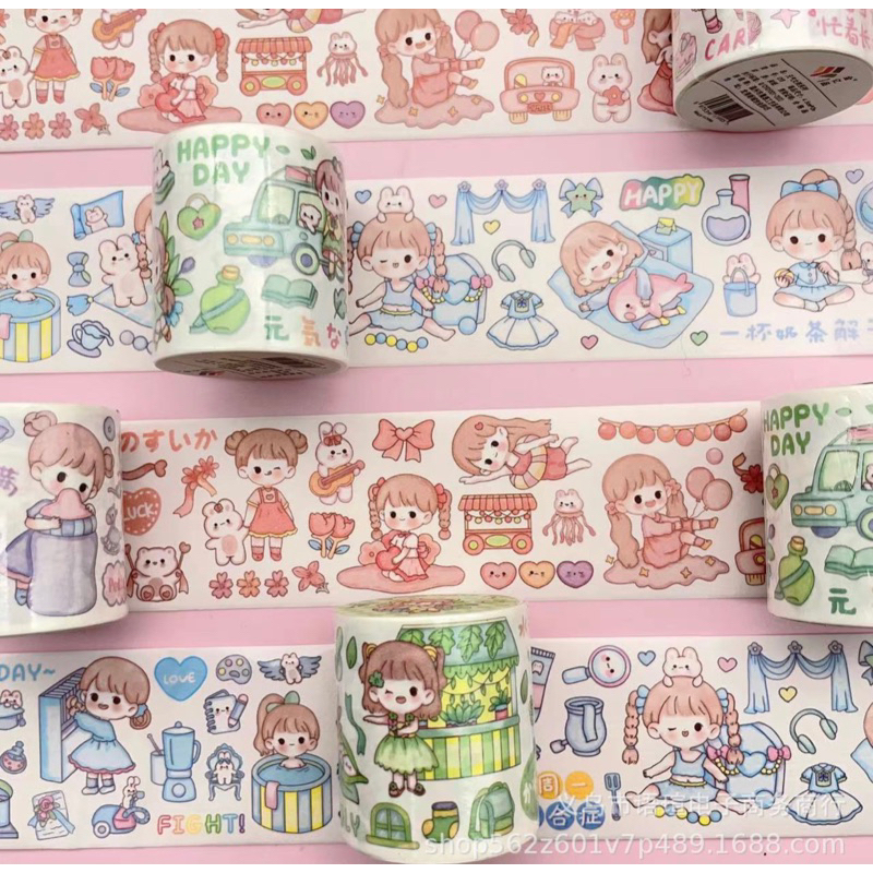 Cuộn băng keo giấy washi 2m hoạ tiết hoạt hình đáng yêu trang trí sổ tay - Tiệm Ốc Sột